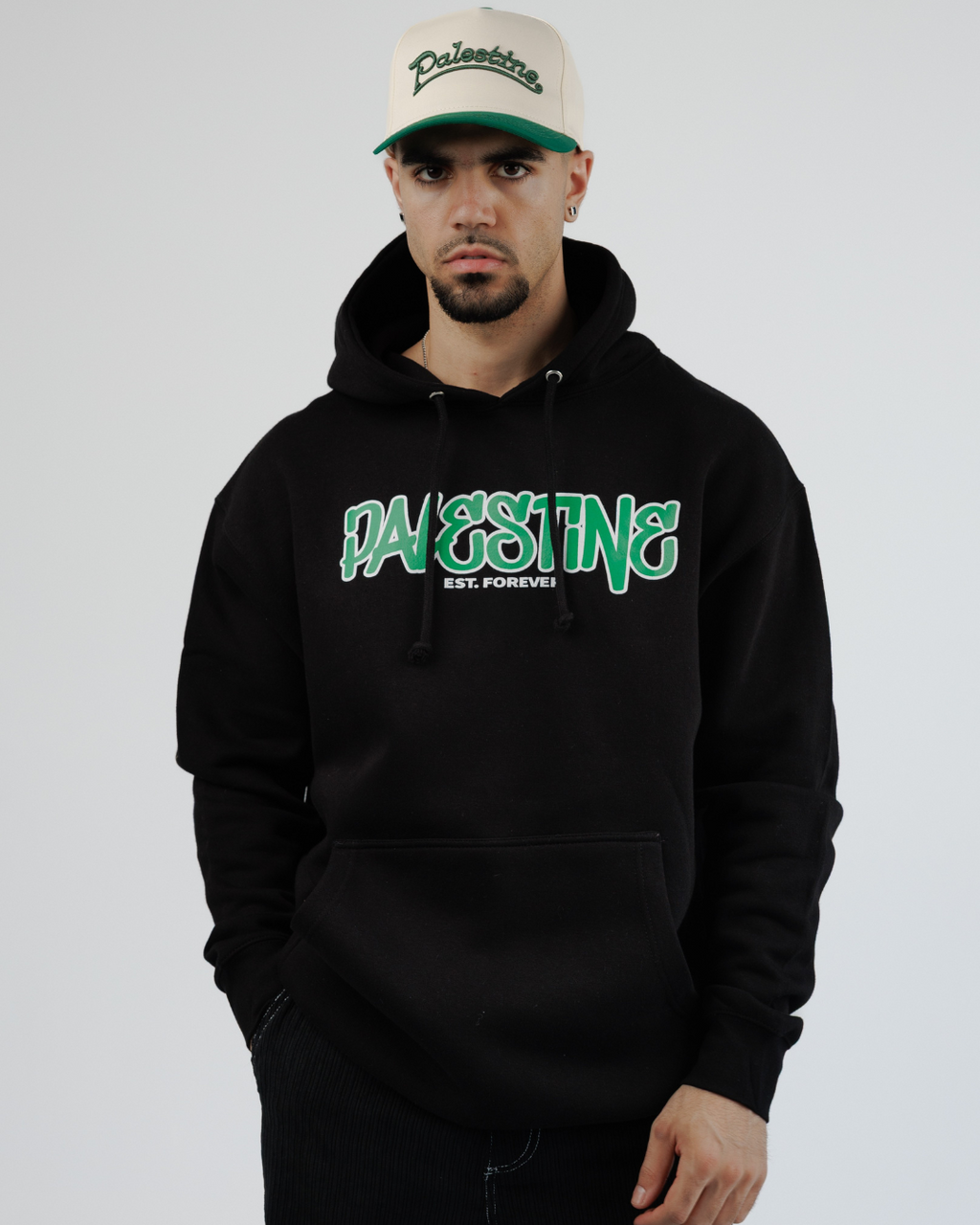 Palestine Est. Forever Hoodie – Black Hoodie with Green Script | SAFR Apparel