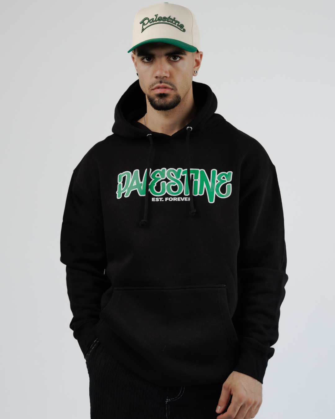 Palestine Est. Forever Hoodie – Black Hoodie with Green Script | SAFR Apparel