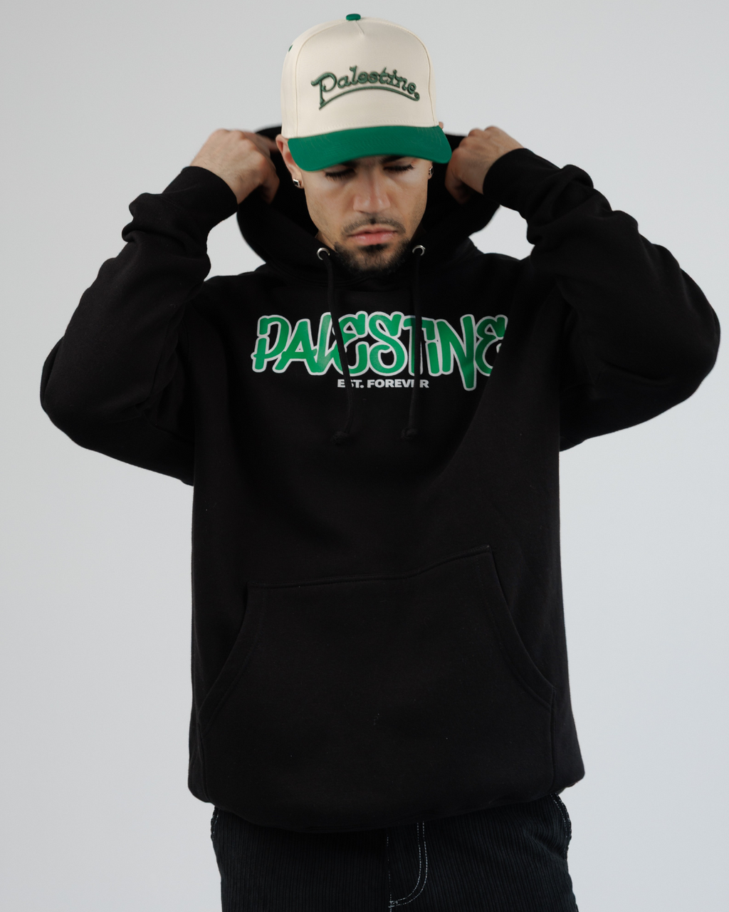 Palestine Est. Forever Hoodie – Black Hoodie with Green Script | SAFR Apparel