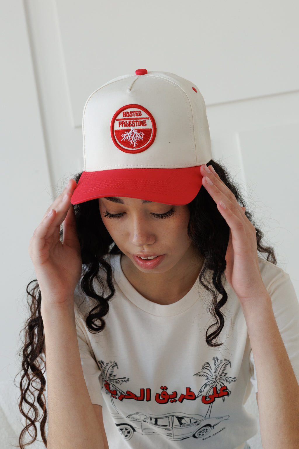 Rooted Palestine Embroidered Red and Tan Hat