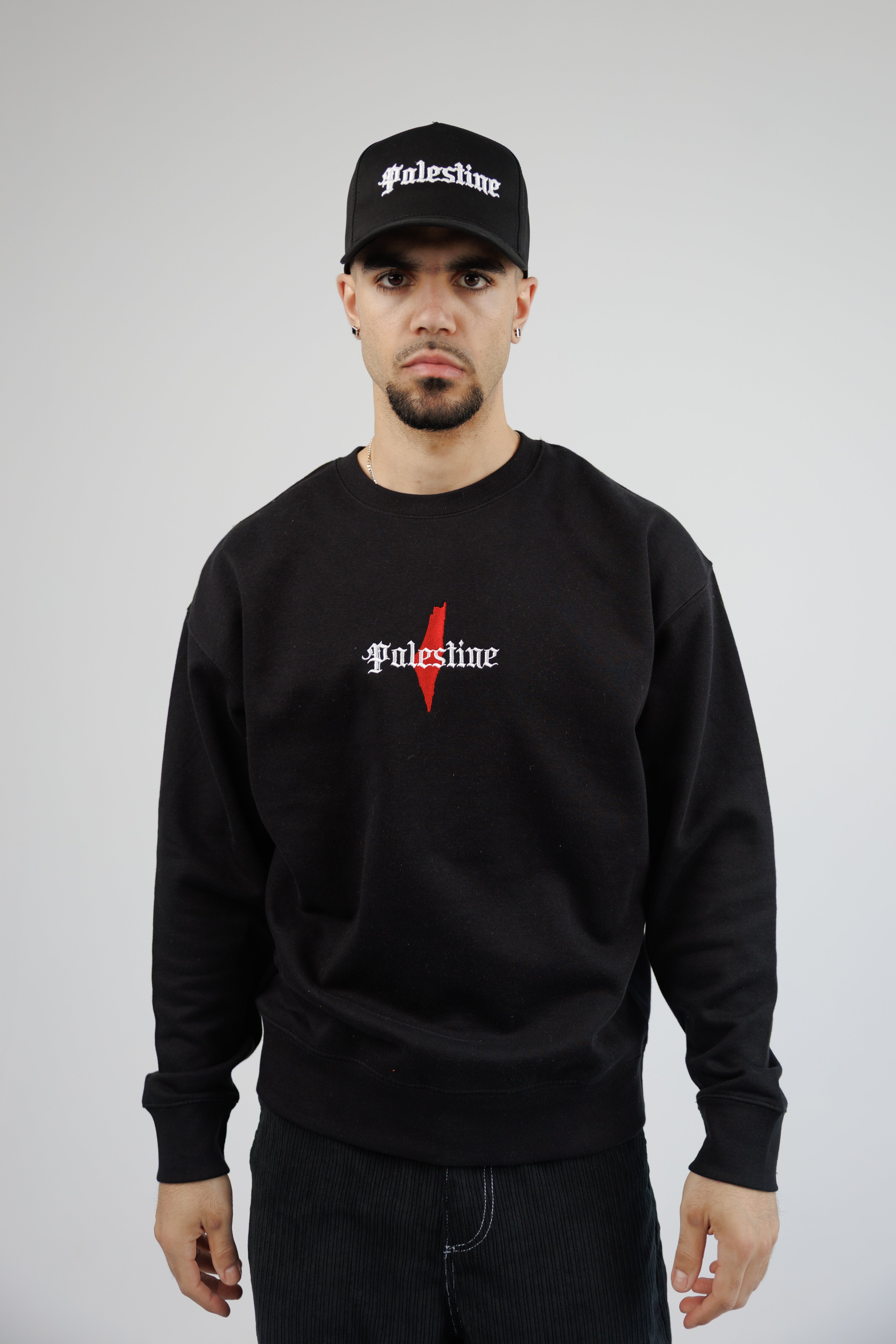 CREW NECK PALESTINE EMBROIDERED // BLACK